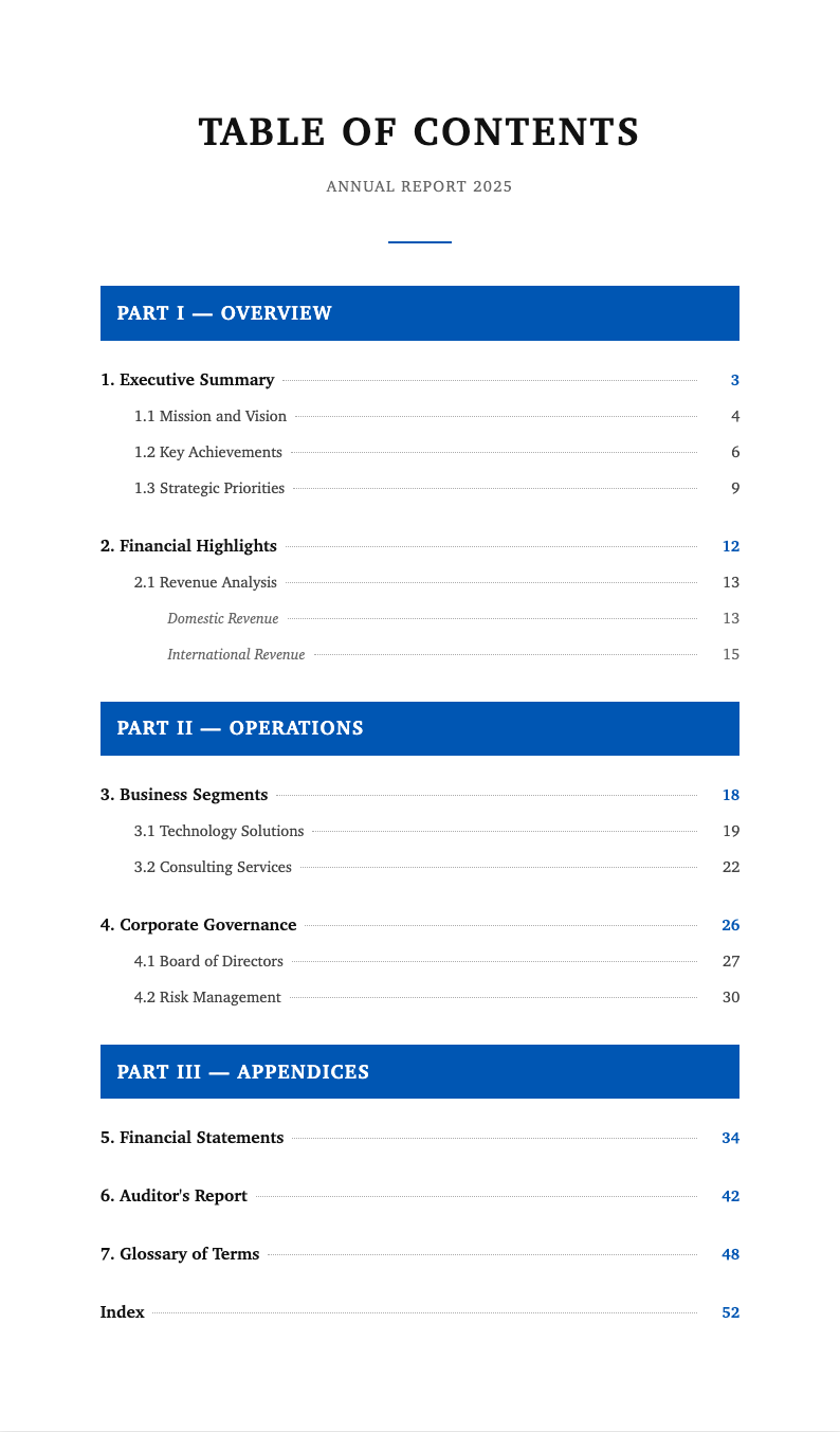 Classic professional table of contents